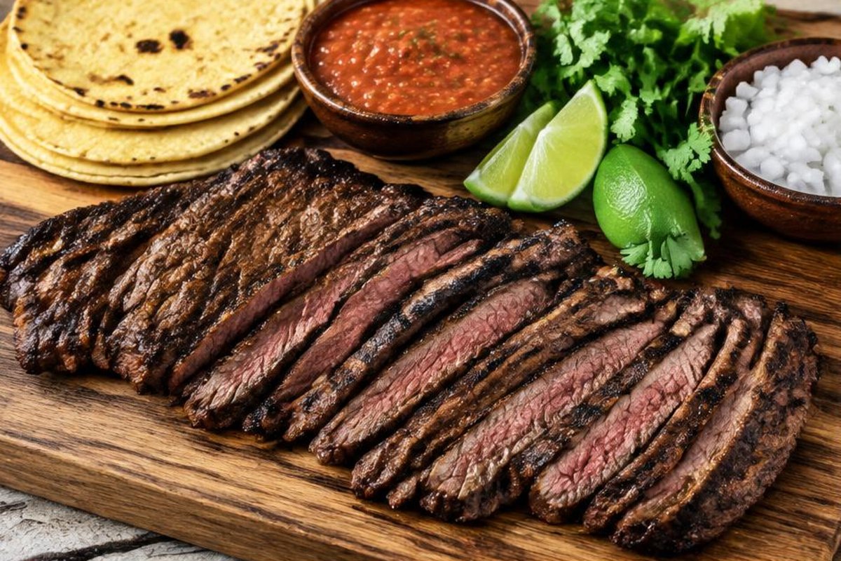Sliced charred steak on a board with tortillas, salsa, lime and cilantro