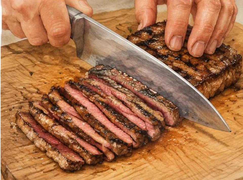 Knife slicing grilled steak into thin pieces across its visible fibers