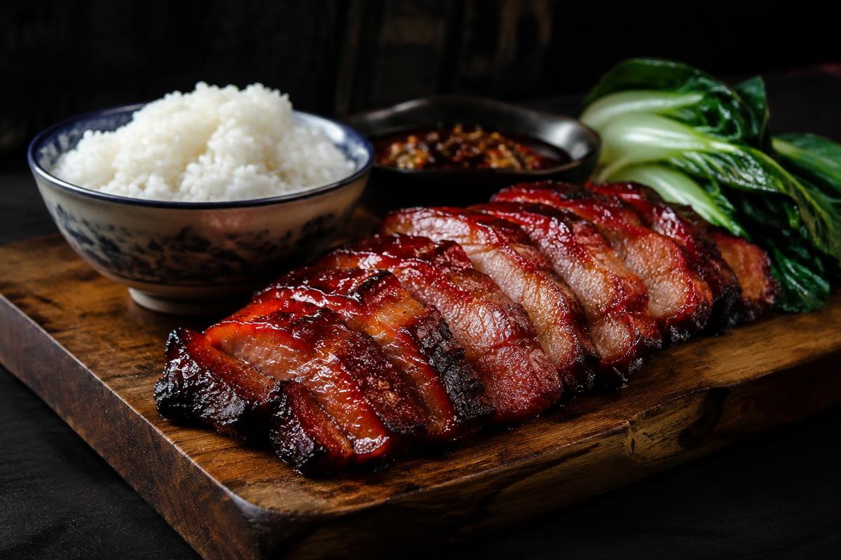 Sliced glossy char siu pork with rice and bok choy