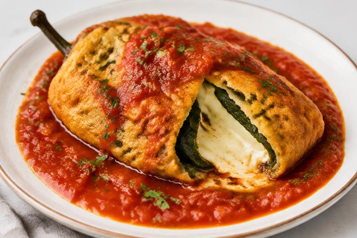 Golden battered chile relleno cut open to reveal melted white cheese in tomato salsa