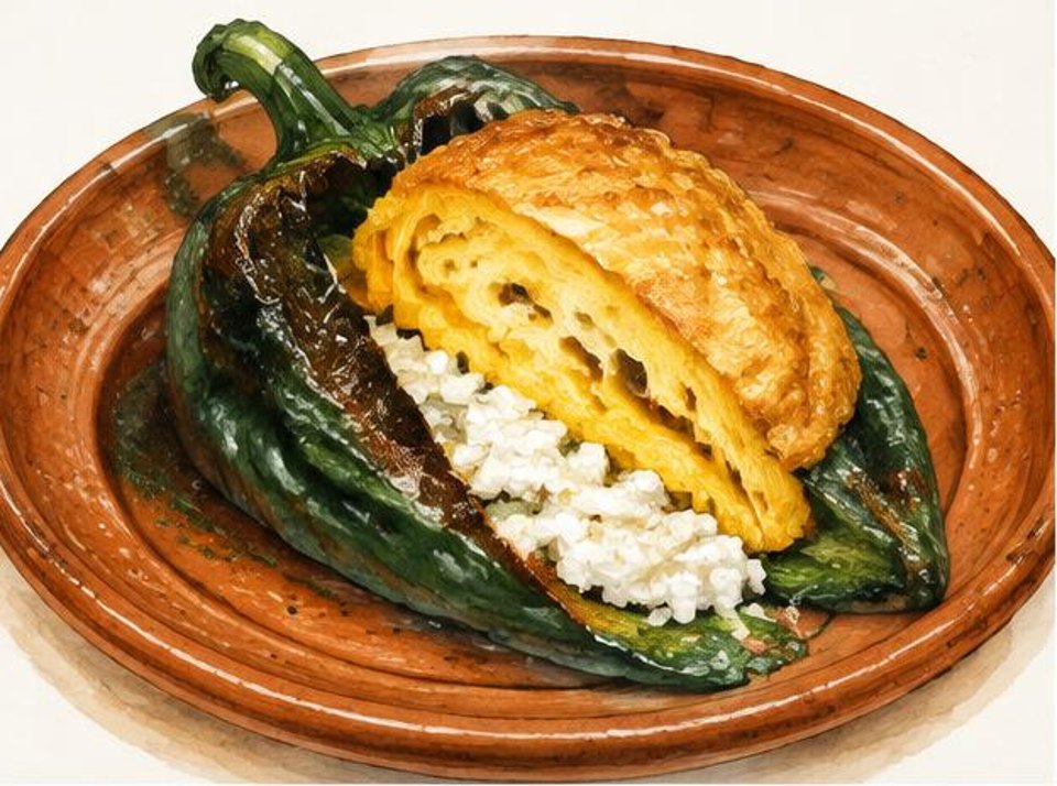 Cut-open roasted poblano with cheese and golden egg coating