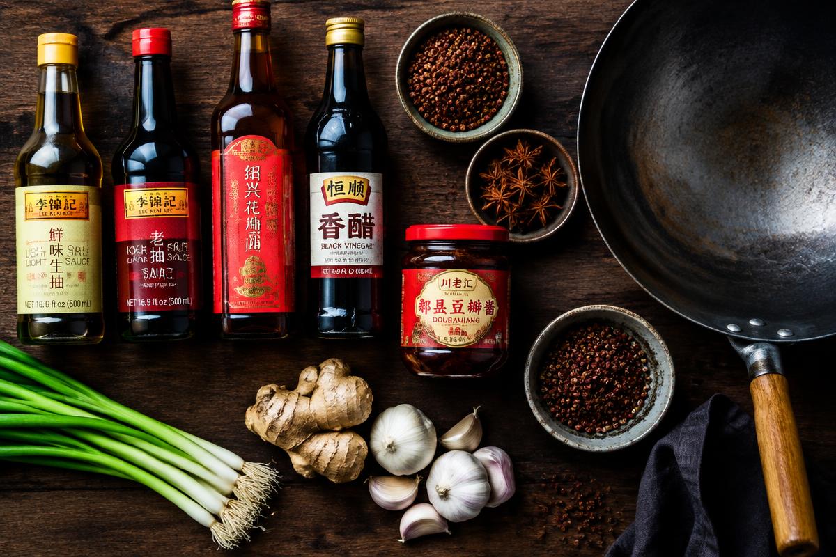 Soy sauces, vinegar, doubanjiang, spices and a wok