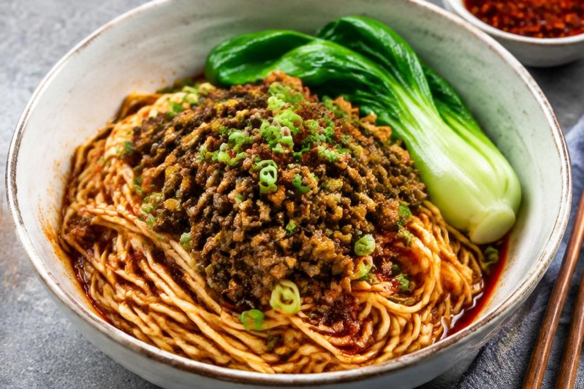 Dan dan noodles topped with browned pork, scallions and bok choy in chile oil sauce