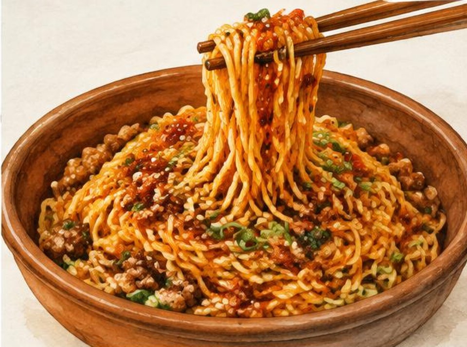 Chopsticks lifting noodles coated in red sauce above crumbled pork