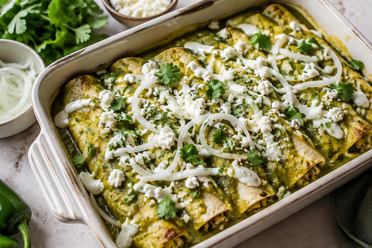 Enchiladas verdes with crema, queso fresco and onion in a baking dish