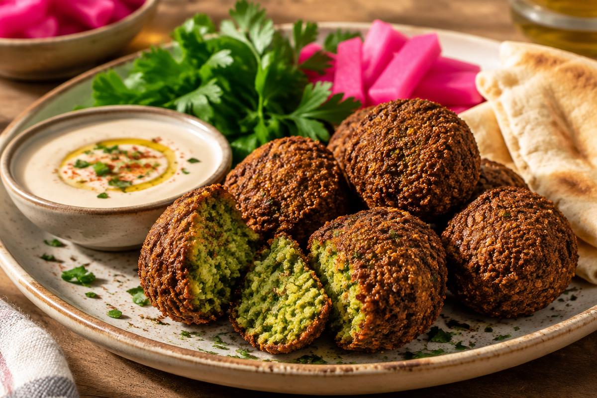 Falafel broken open to show a green herb interior, with tahini and pita