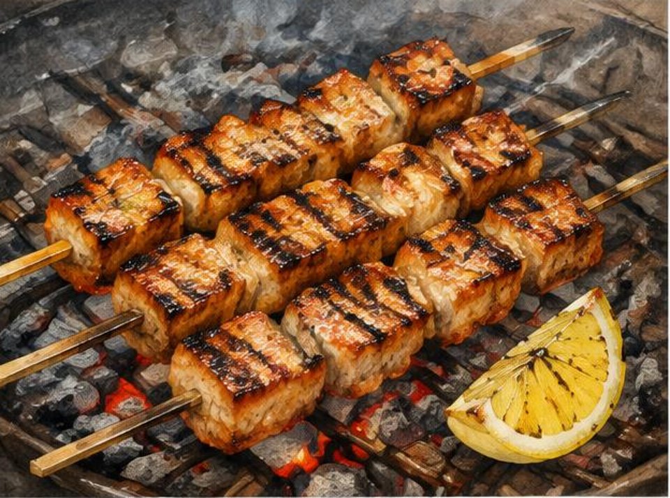 Individual pork cubes threaded on skewers grilling over charcoal