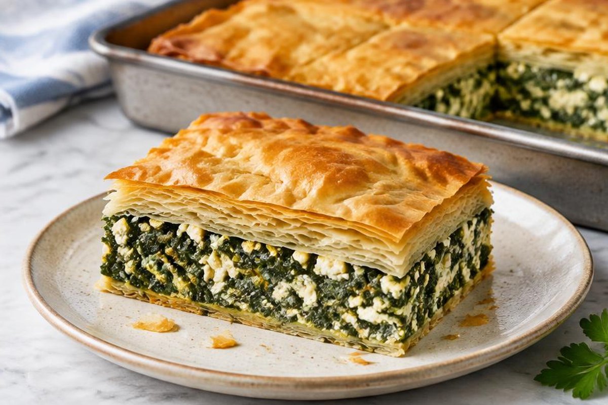 Spanakopita slice showing golden phyllo layers and spinach feta filling