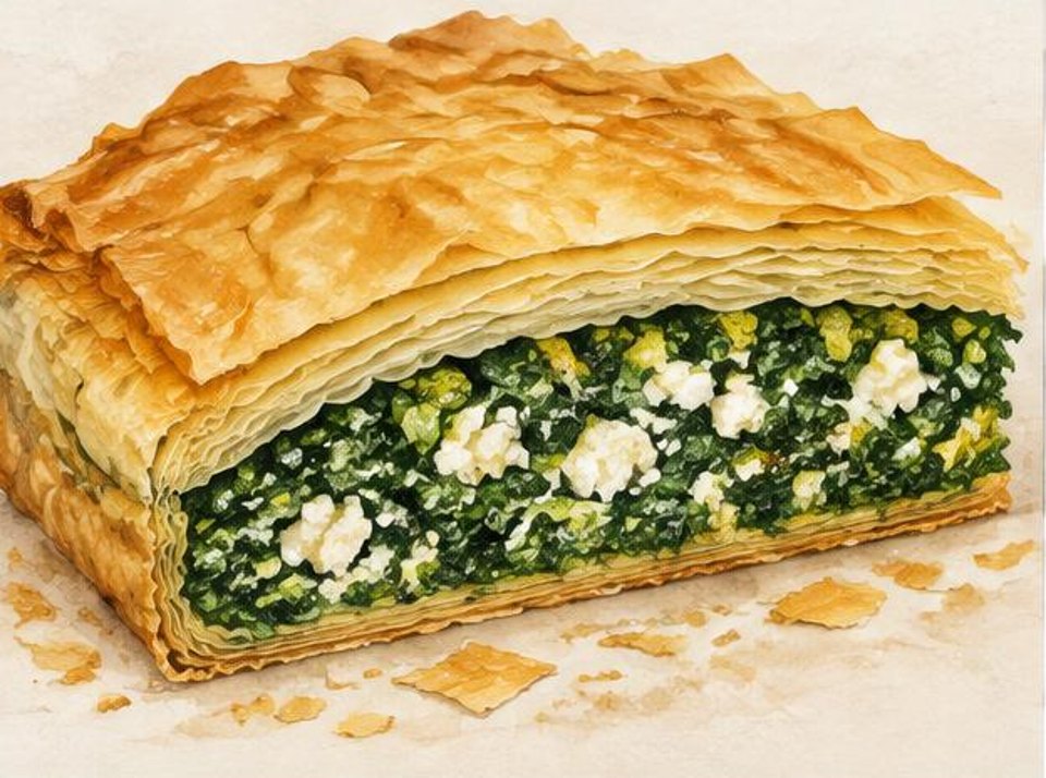 Cutaway of golden phyllo pastry surrounding spinach and feta