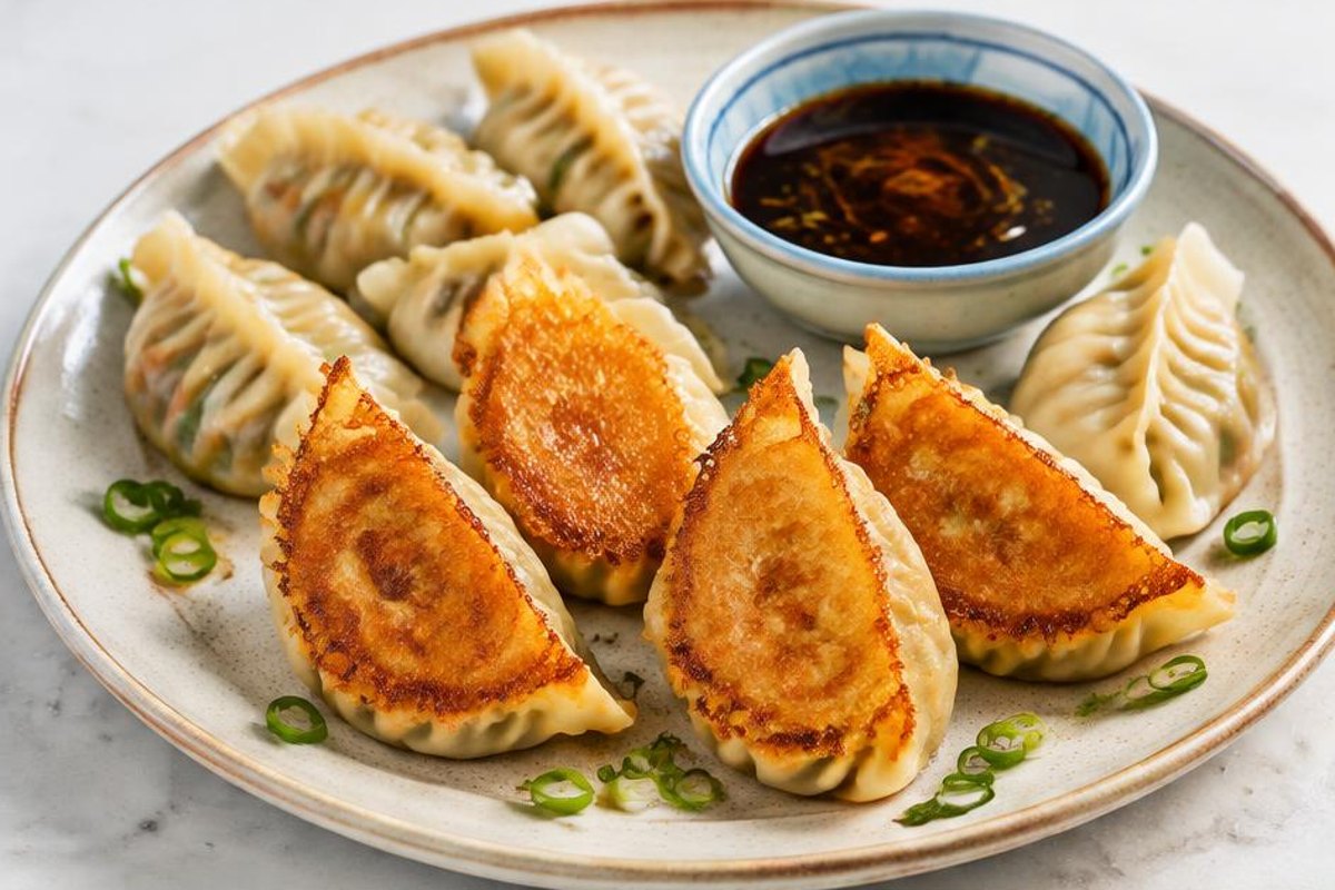 Pork potstickers with golden crisp bases, scallions and black vinegar dip