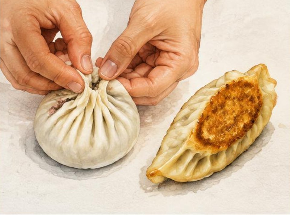 Hands shaping a dumpling wrapper beside a browned dumpling