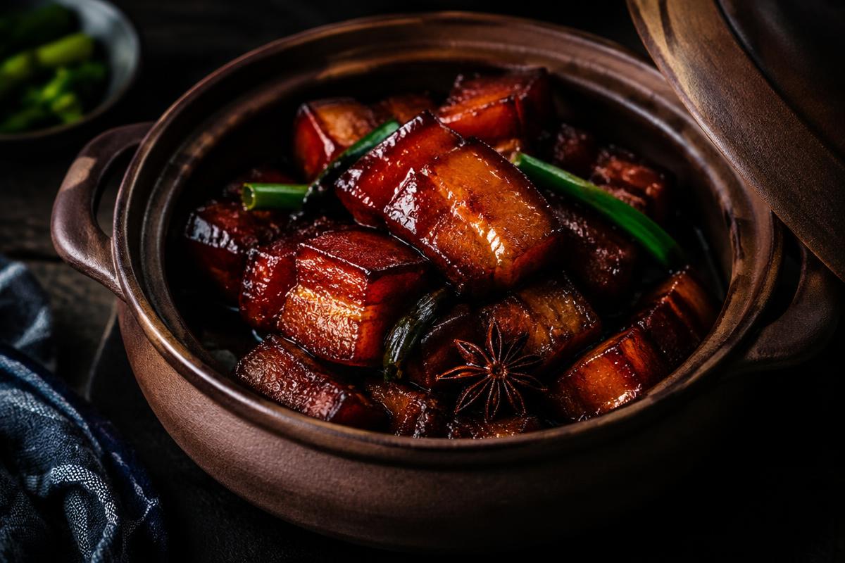 Red-braised pork belly cubes in a clay pot with star anise