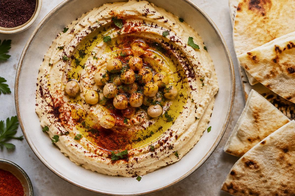 Creamy hummus swirled with olive oil, chickpeas and sumac