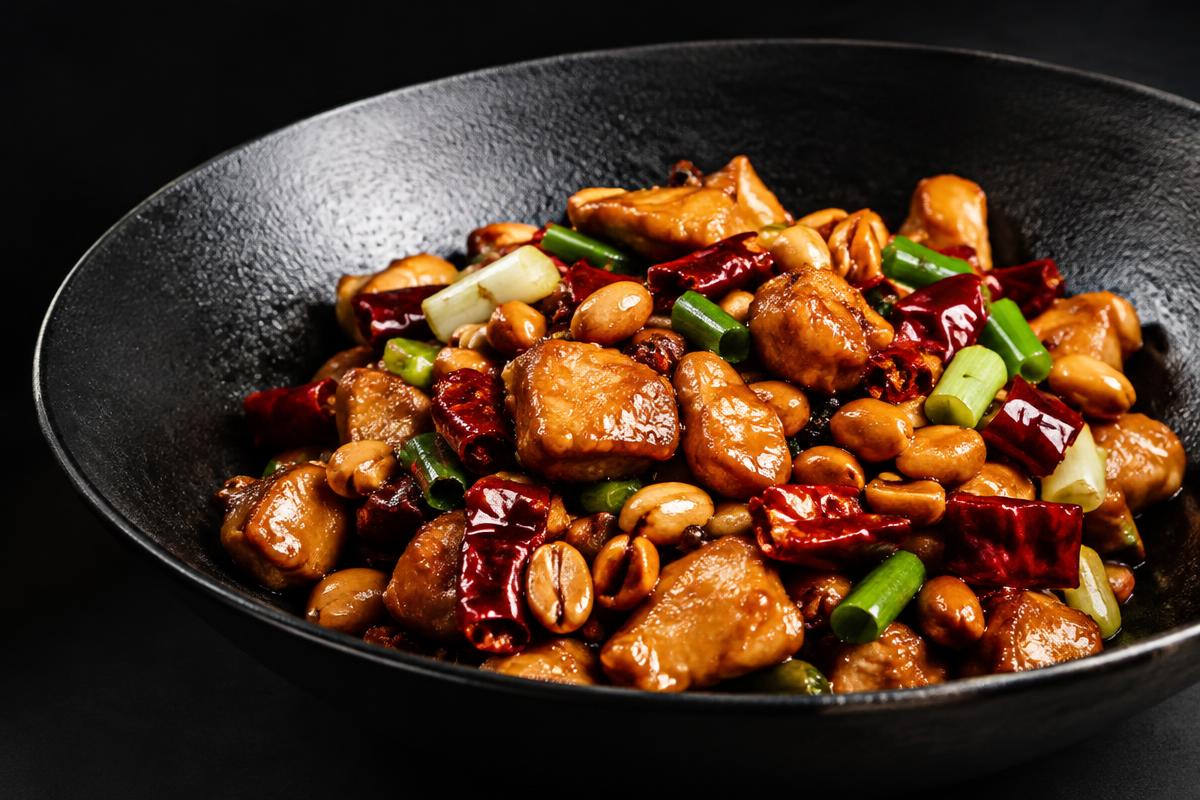 Kung pao chicken with peanuts and dried red chilies