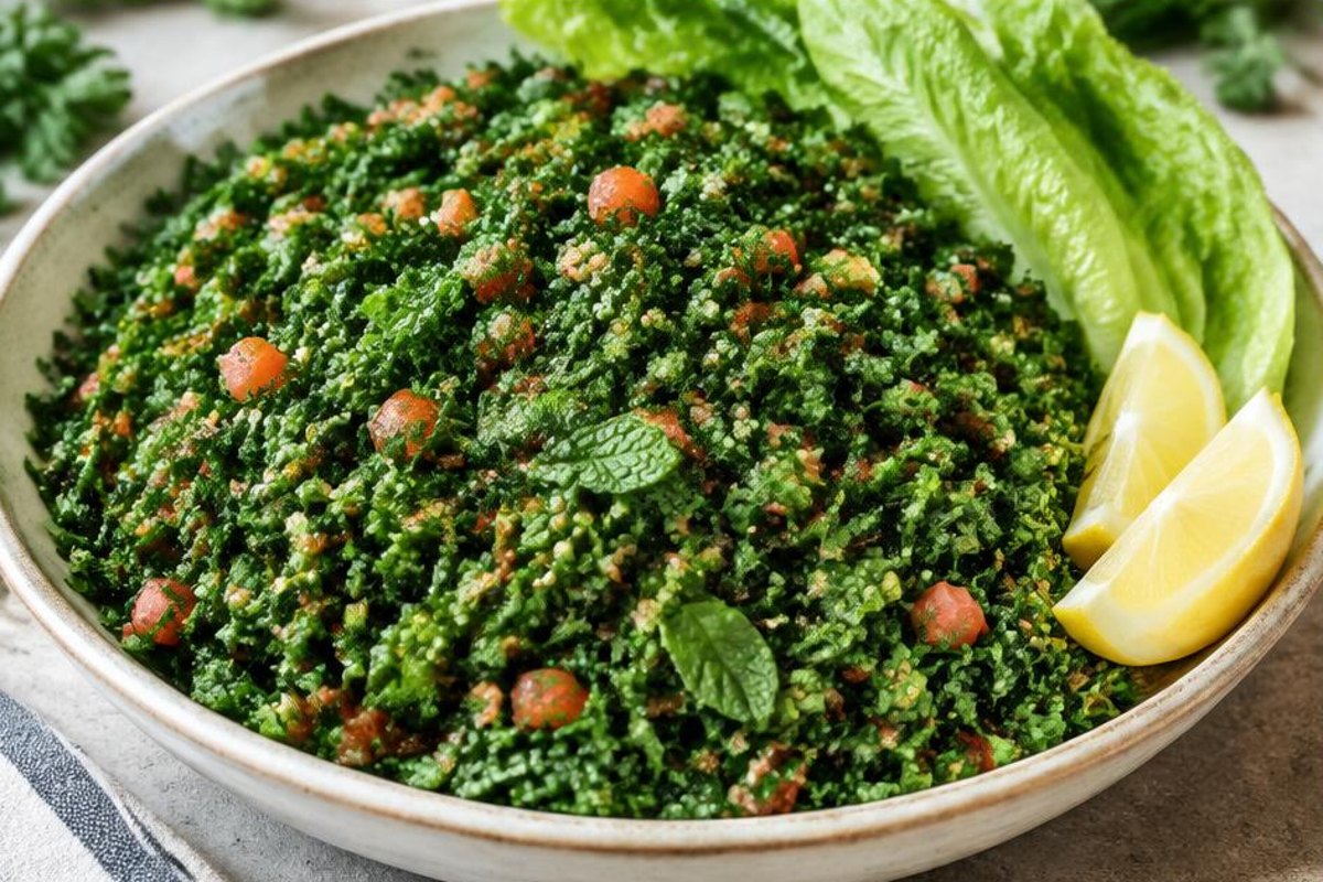 Finely chopped green parsley salad with tomato, fine bulgur, romaine leaves and lemon