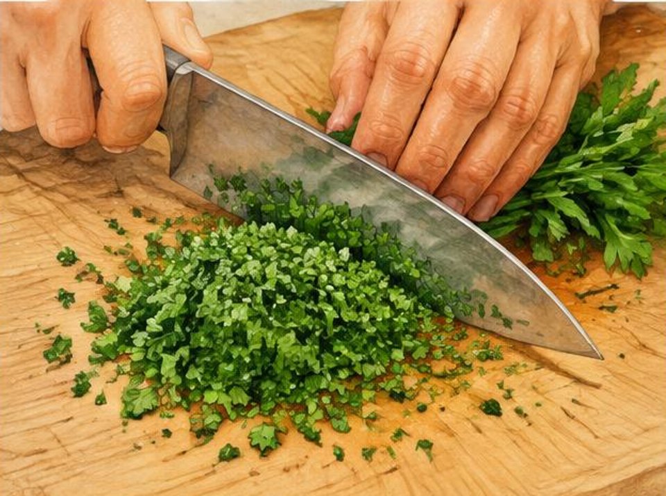 Knife finely chopping fresh parsley leaves on a wooden board