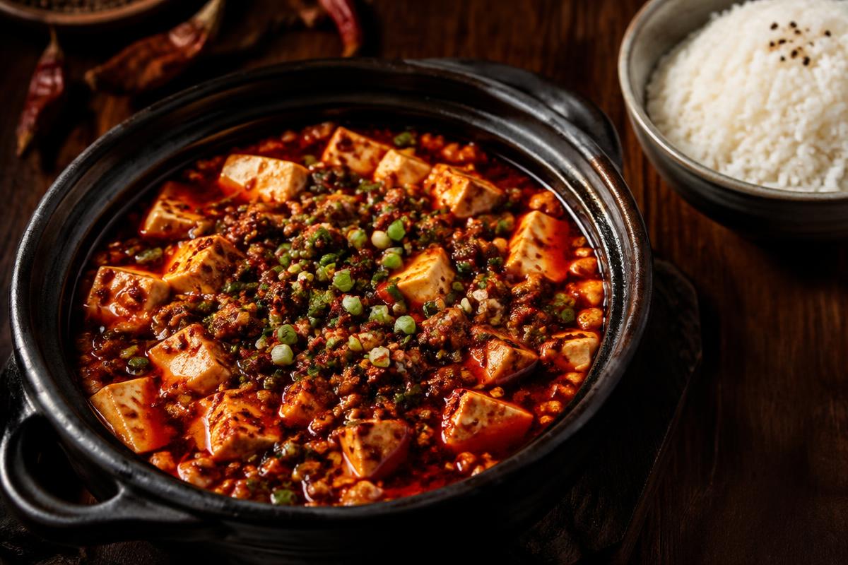 Mapo tofu in a clay bowl with red chili oil and scallions