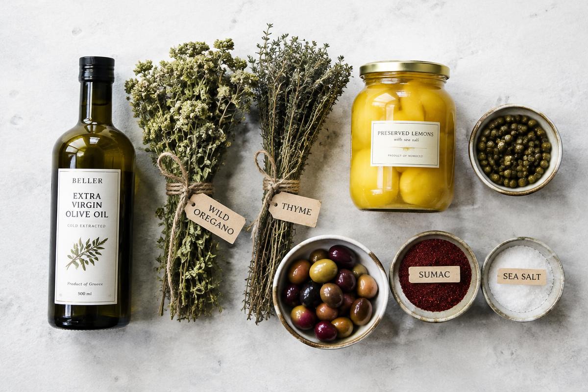 Olive oil, oregano, thyme, preserved lemons, olives and sumac