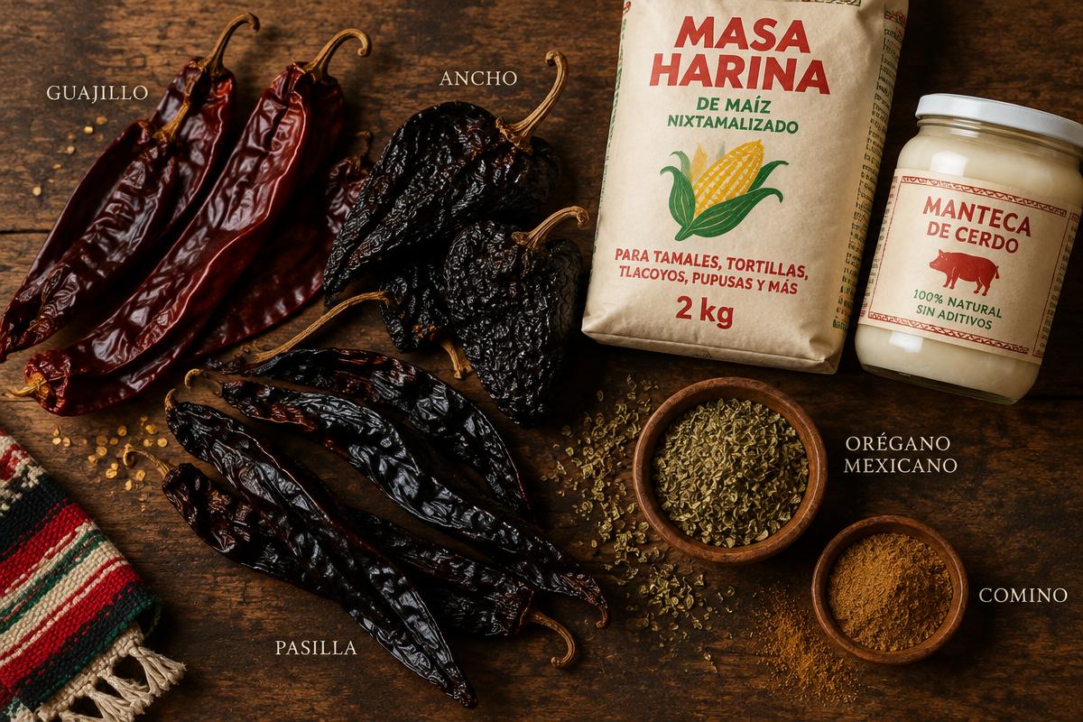 Dried chilies, masa harina and lard on a wooden table