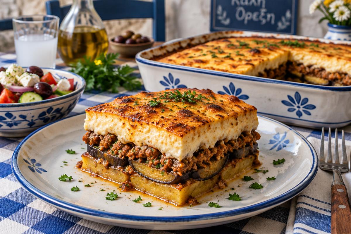 A square of moussaka showing potato, eggplant, lamb and béchamel layers