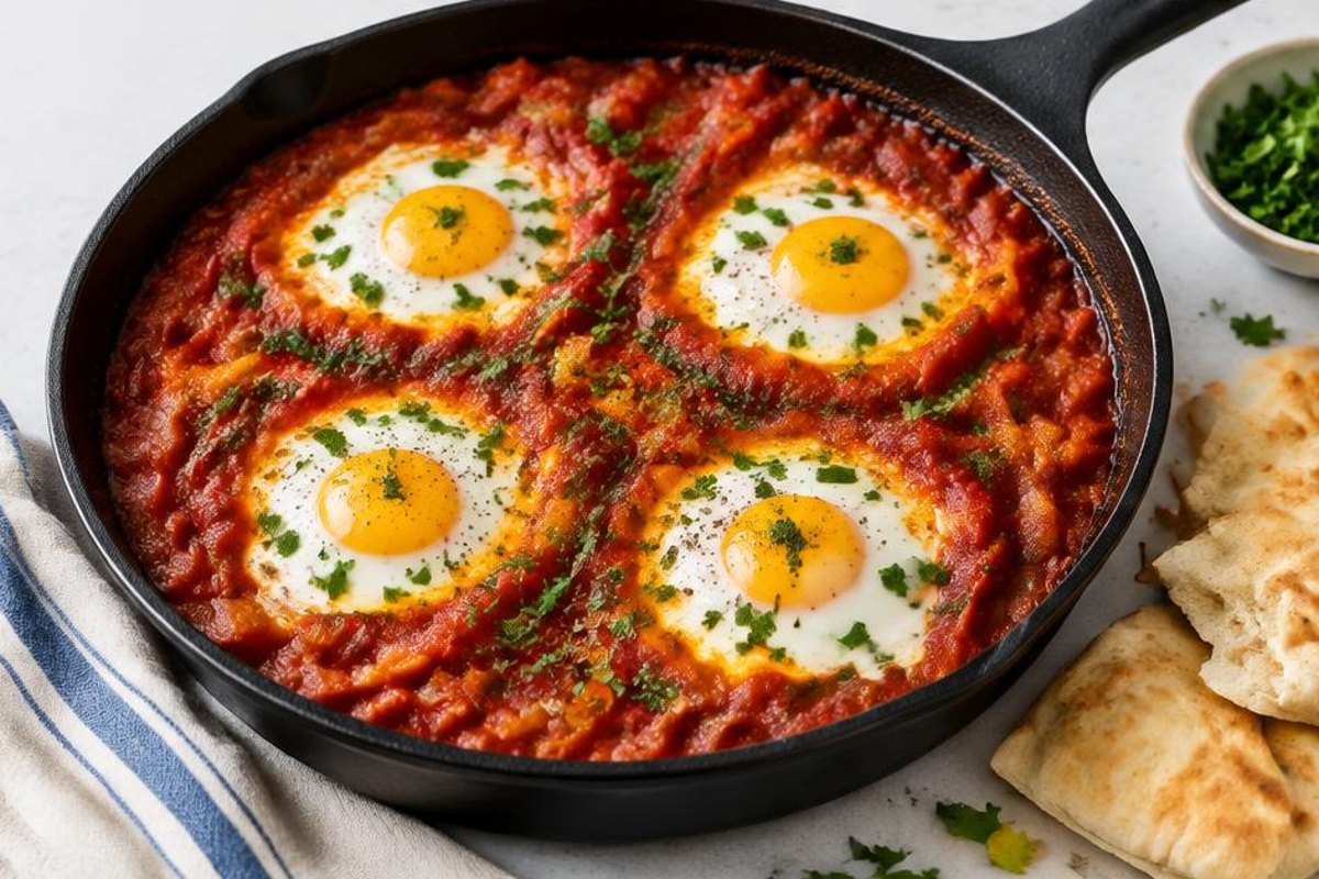 Four eggs poached in thick tomato and pepper sauce in a cast iron skillet