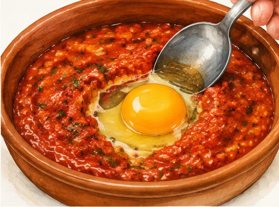 An egg in a well in thick red tomato sauce beside a spoon