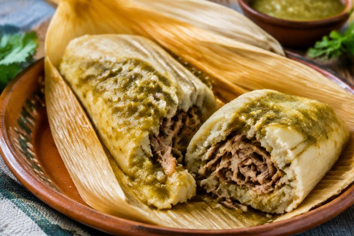 Corn-husk tamales opened to show masa and shredded pork with green salsa