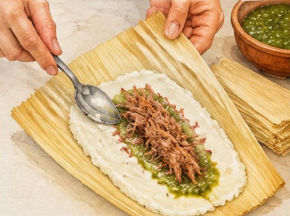 Hands spreading masa and green-salsa pork filling on a corn husk