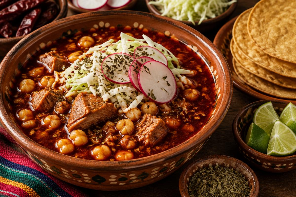 Pozole rojo with hominy, cabbage, radish and lime