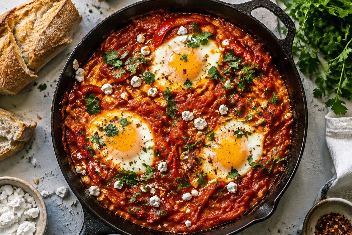 Shakshuka with eggs, feta and herbs in a cast iron skillet