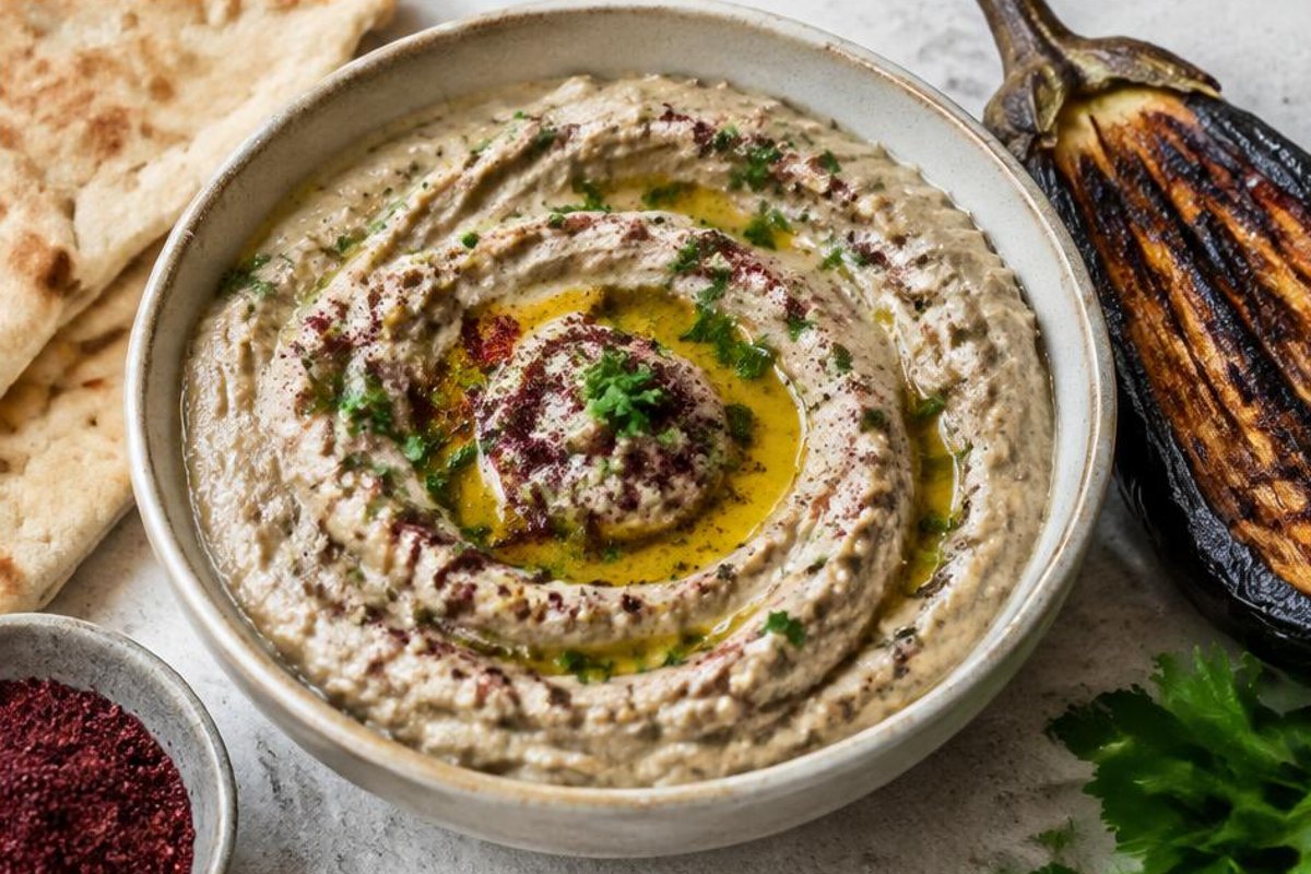 Textured eggplant tahini dip with olive oil, parsley and sumac beside charred eggplant