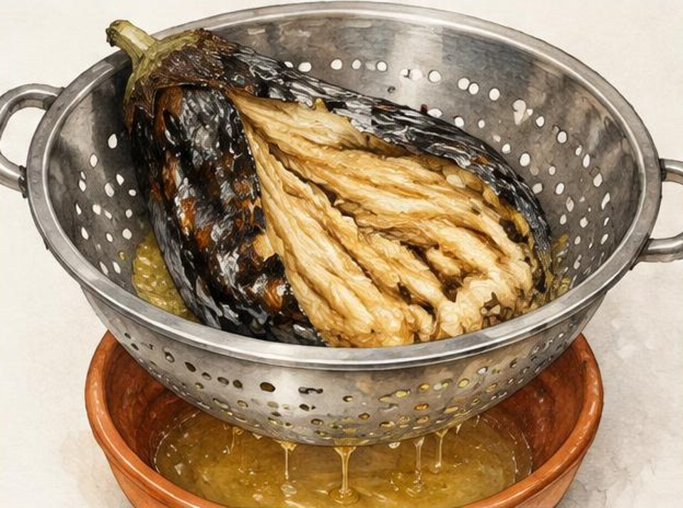 Split charred eggplant resting in a colander with liquid draining below
