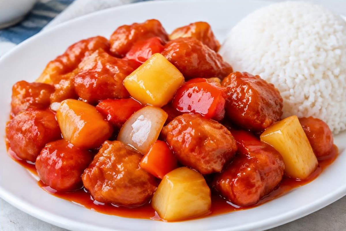 Glossy sweet-and-sour pork with pineapple, bell pepper and onion beside rice