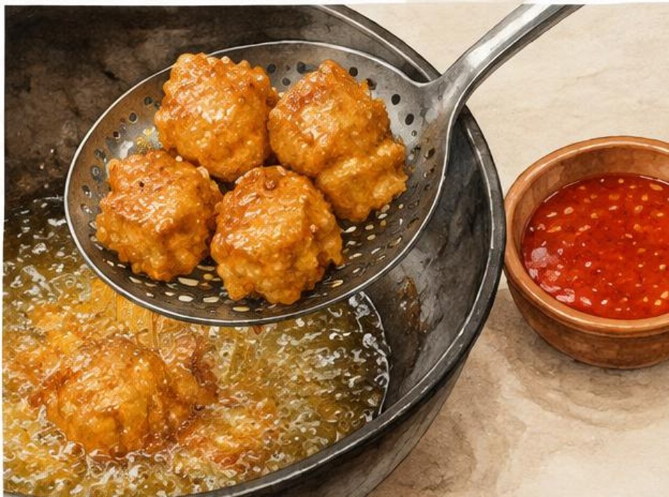 Slotted spoon lifting golden battered pork from oil beside red sauce