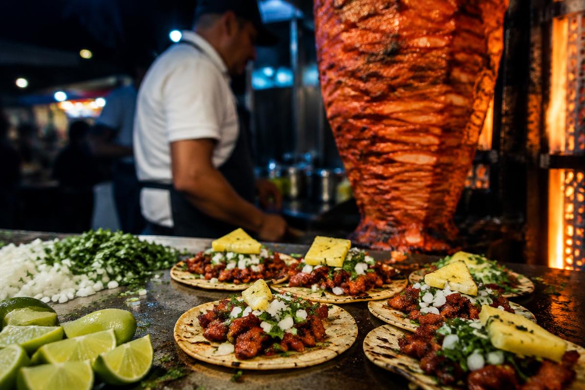 Tacos al pastor with pineapple in front of a trompo
