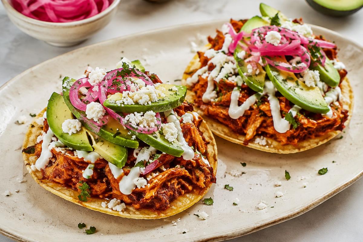 Tinga de pollo tostadas with avocado and pickled onion