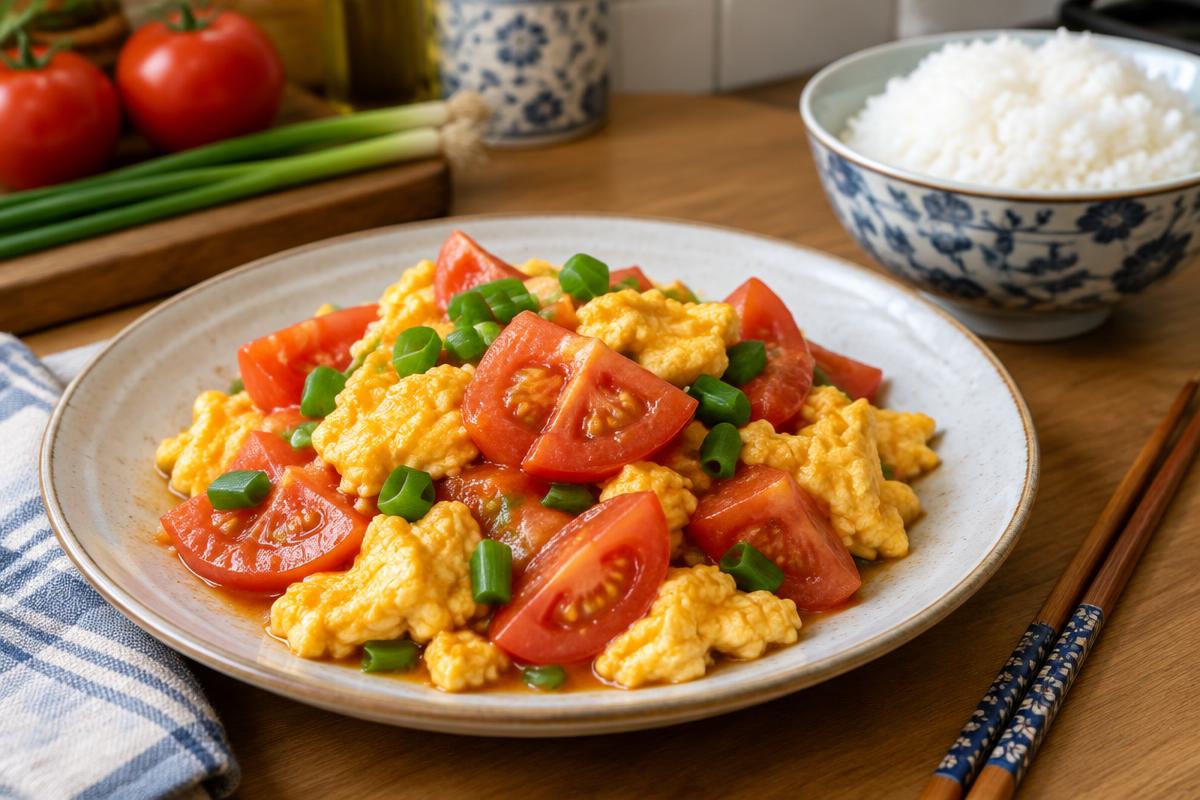 Tomato and egg stir-fry with scallions and rice
