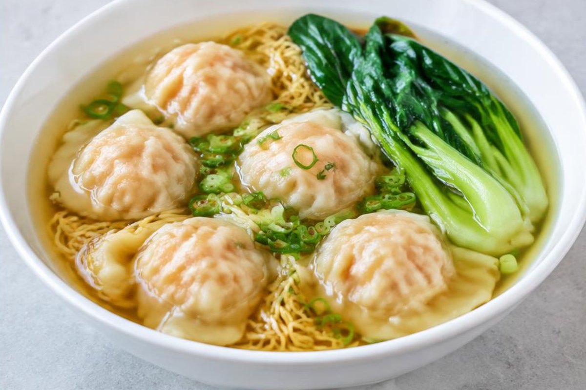 Wontons and thin egg noodles in clear golden broth with bok choy and scallions