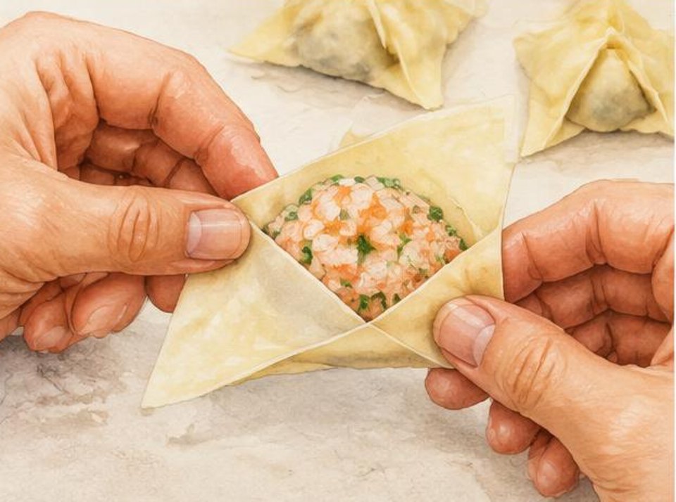 Hands holding a square wrapper with shrimp-pork filling beside folded wontons